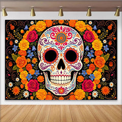 Lofaris Bunter Zuckerschädel Hintergrund für Día de los Muertos Feier, lebendige Fotokulisse mit Blumen und Mustern für mexikanische Feste