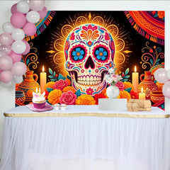 Lofaris Bunter Día de los Muertos Zuckerschädel Hintergrund mit Blumen und Kerzen, festliche mexikanische Kulisse für Party und Fotografie