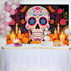 Lofaris Bunter Día de los Muertos Hintergrund mit Zuckerschädel und Kerzen, festliche mexikanische Kulisse für Fotoshootings