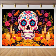 Lofaris Bunter Día de los Muertos Hintergrund mit Zuckerschädel und Kerzen, festliche mexikanische Kulisse für Fotoshootings
