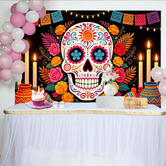 Lofaris Bunter Dia de los Muertos Hintergrund mit Zuckerschädel und Blumen, festliche mexikanische Fotowand für Partydekoration