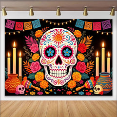 Lofaris Bunter Dia de los Muertos Hintergrund mit Zuckerschädel und Blumen, festliche mexikanische Fotowand für Partydekoration