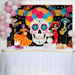 Lofaris Farbenfroher Dia de los Muertos Hintergrund mit Zuckerschädel und Skeletten, festliche mexikanische Fiesta Fotowand für Party