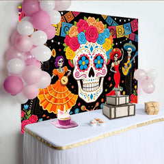 Lofaris Farbenfroher Dia de los Muertos Hintergrund mit Zuckerschädel und Skeletten, festliche mexikanische Fiesta Fotowand für Party