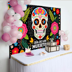 Lofaris Bunter Día de los Muertos Hintergrund mit Zuckerschädel und Blumen, festliche mexikanische Fotowand für Partys und Events
