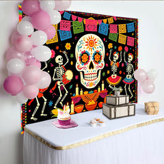 Lofaris Bunter Dia de los Muertos Fiestahintergrund mit Zuckerschädel, leuchtende Kulisse für festliche Partydekoration und Fotoshootings