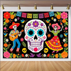 Lofaris Bunter Día de los Muertos Hintergrund mit tanzenden Skeletten, festliche Fotowand für mexikanische Partydekoration