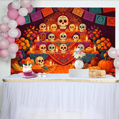 Lofaris Bunter Día de los Muertos Hintergrund mit Zuckerschädeln und Ringelblumen, festliche Kulisse für mexikanische Feierlichkeiten