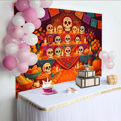 Lofaris Bunter Día de los Muertos Hintergrund mit Zuckerschädeln und Ringelblumen, festliche Kulisse für mexikanische Feierlichkeiten