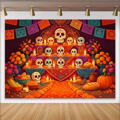 Lofaris Bunter Día de los Muertos Hintergrund mit Zuckerschädeln und Ringelblumen, festliche Kulisse für mexikanische Feierlichkeiten