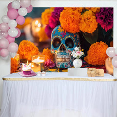 Lofaris Bunter Día de Muertos Hintergrund mit Zuckerschädel und Ringelblumen, festliche Kulisse für mexikanische Feierlichkeiten und Dekoration