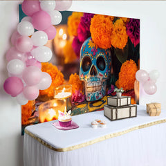 Lofaris Bunter Día de Muertos Hintergrund mit Zuckerschädel und Ringelblumen, festliche Kulisse für mexikanische Feierlichkeiten und Dekoration