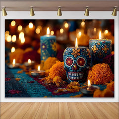 Lofaris Día de Muertos Hintergrund mit Totenkopfkerze und Blumen, farbenfrohe Kulisse für mexikanische Feierlichkeiten und Fotoshootings