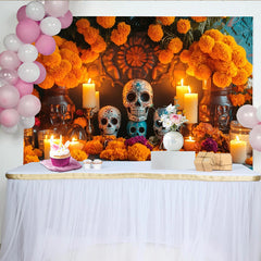 Lofaris Leuchtender Mexikanischer Totenfest-Hintergrund mit Zuckerschädeln und Ringelblumen, festliche Fotokulisse für Partydekoration