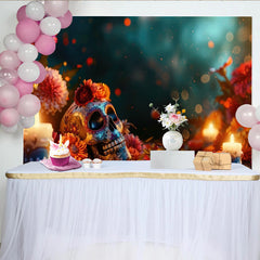Lofaris Bunter Dia de los Muertos Hintergrund mit Zuckerschädel und Blumen, festliche Fotowand für mexikanische Feier und Fotoshooting