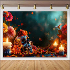 Lofaris Bunter Dia de los Muertos Hintergrund mit Zuckerschädel und Blumen, festliche Fotowand für mexikanische Feier und Fotoshooting