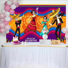 Lofaris Dia de los Muertos Hintergrund mit Skeletten und Mariachi, farbenfrohe Kulisse für mexikanische Feiern und Fotos