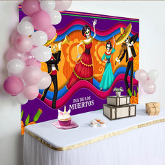 Lofaris Dia de los Muertos Hintergrund mit Skeletten und Mariachi, farbenfrohe Kulisse für mexikanische Feiern und Fotos