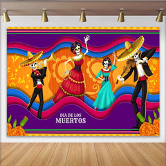 Lofaris Dia de los Muertos Hintergrund mit Skeletten und Mariachi, farbenfrohe Kulisse für mexikanische Feiern und Fotos