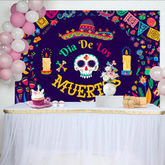 Lofaris Farbenfroher Dia de los Muertos Hintergrund mit Totenkopf und Sombrero, festliche Fotokulisse für mexikanische Feiern und Partys