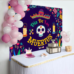 Lofaris Farbenfroher Dia de los Muertos Hintergrund mit Totenkopf und Sombrero, festliche Fotokulisse für mexikanische Feiern und Partys