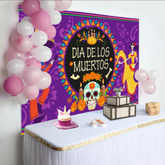 Lofaris Lila Dia de los Muertos Hintergrund mit Skeletten und Ringelblumen, festliche Fotowand für Feierlichkeiten und Fotoshootings