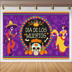 Lofaris Lila Dia de los Muertos Hintergrund mit Skeletten und Ringelblumen, festliche Fotowand für Feierlichkeiten und Fotoshootings