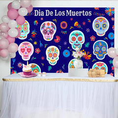Lofaris Bunter Dia de los Muertos Hintergrund mit Zuckerschädeln und Blumen, festliche Fotokulisse für mexikanische Feiern und Fotoshootings