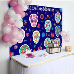Lofaris Bunter Dia de los Muertos Hintergrund mit Zuckerschädeln und Blumen, festliche Fotokulisse für mexikanische Feiern und Fotoshootings