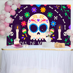 Lofaris Bunter Día de Muertos Hintergrund mit Zuckerschädel und Blumen, festliche Kulisse für mexikanische Feierlichkeiten und Fotoshootings