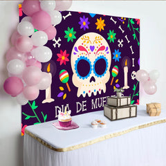 Lofaris Bunter Día de Muertos Hintergrund mit Zuckerschädel und Blumen, festliche Kulisse für mexikanische Feierlichkeiten und Fotoshootings