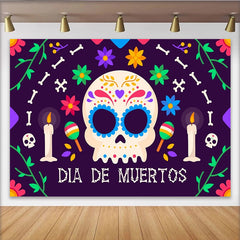 Lofaris Bunter Día de Muertos Hintergrund mit Zuckerschädel und Blumen, festliche Kulisse für mexikanische Feierlichkeiten und Fotoshootings
