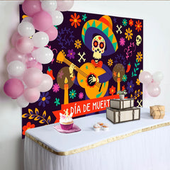 Lofaris Bunter Día de Muertos Hintergrund mit Skelett und Sombrero, festliche mexikanische Fotowand für Feierlichkeiten