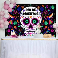 Lofaris Farbenfroher Día de Muertos Hintergrund mit Zuckerschädel und Blumen, festliche Fotowand für mexikanische Feier und Fotoshooting
