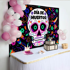 Lofaris Farbenfroher Día de Muertos Hintergrund mit Zuckerschädel und Blumen, festliche Fotowand für mexikanische Feier und Fotoshooting