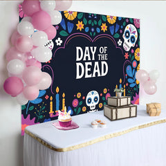 Lofaris Bunter Día de los Muertos Hintergrund mit Zuckerschädeln und Blumen, farbenfrohe Kulisse für mexikanische Festlichkeiten