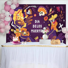 Lofaris Bunter Dia de los Muertos Hintergrund mit tanzenden Skeletten und Gitarre, festliche mexikanische Fotokulisse für Partydekoration