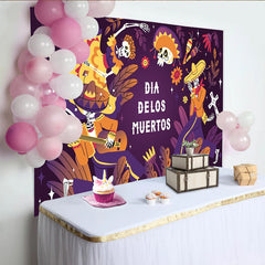 Lofaris Bunter Dia de los Muertos Hintergrund mit tanzenden Skeletten und Gitarre, festliche mexikanische Fotokulisse für Partydekoration
