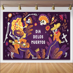 Lofaris Bunter Dia de los Muertos Hintergrund mit tanzenden Skeletten und Gitarre, festliche mexikanische Fotokulisse für Partydekoration