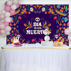 Lofaris Bunter Día de los Muertos Hintergrund mit Zuckerschädeln und Gitarren, festliche mexikanische Fotowand für Feierlichkeiten und Partys