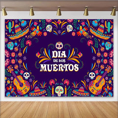 Lofaris Bunter Día de los Muertos Hintergrund mit Zuckerschädeln und Gitarren, festliche mexikanische Fotowand für Feierlichkeiten und Partys