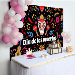 Lofaris Farbenfroher Día de los Muertos Hintergrund mit Zuckerschädel und Maracas, festliche mexikanische Fotowand für Party Dekoration