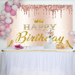 Lofaris Roségold Funkelnder Geburtstagshintergrund mit Krone, Happy Birthday Schriftzug, elegante Fotowand für Partys und Fotoshootings