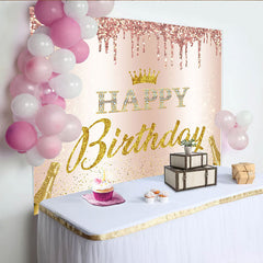 Lofaris Roségold Funkelnder Geburtstagshintergrund mit Krone, Happy Birthday Schriftzug, elegante Fotowand für Partys und Fotoshootings