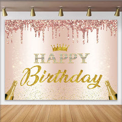Lofaris Roségold Funkelnder Geburtstagshintergrund mit Krone, Happy Birthday Schriftzug, elegante Fotowand für Partys und Fotoshootings