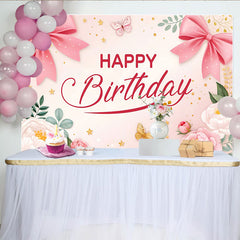 Lofaris Rosa Happy Birthday Hintergrund für Mädchen mit Blumen und goldenen Sternen, elegante Partydekoration für Fotoshooting und Feier
