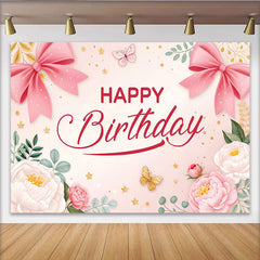 Lofaris Rosa Happy Birthday Hintergrund für Mädchen mit Blumen und goldenen Sternen, elegante Partydekoration für Fotoshooting und Feier