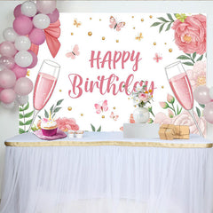 Lofaris Rosa Happy Birthday Hintergrund mit Blumen und Schmetterlingen, elegante Fotowand für Mädchen und festliche Partydekoration