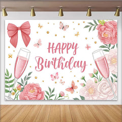 Lofaris Rosa Happy Birthday Hintergrund mit Blumen und Schmetterlingen, elegante Fotowand für Mädchen und festliche Partydekoration