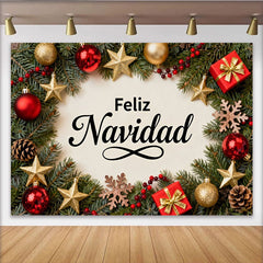 Lofaris Feliz Navidad Feiertag Fotohintergrund Rot Gold Ornamente Kiefernzweige